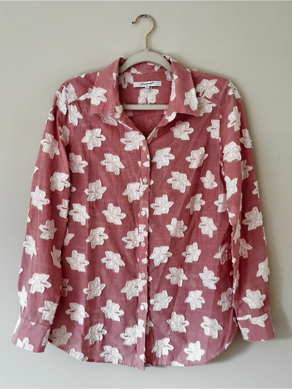Foxcroft Embroidered Floral Stripe Collared Button Down Top, Pink & White – 12